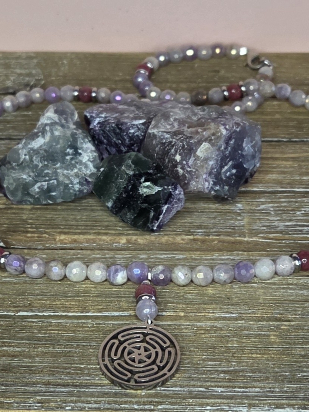 Mystic Lavender Jade, Thulite and Stainless Steel with a Hekate's Wheel Pendant - Picture 3 of 6
